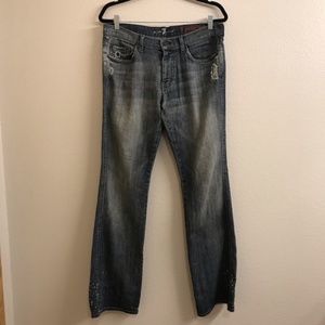 Men’s 7 For All Man Kind Distressed Bleach Splatter Boot Cut Jeans In Size 32
